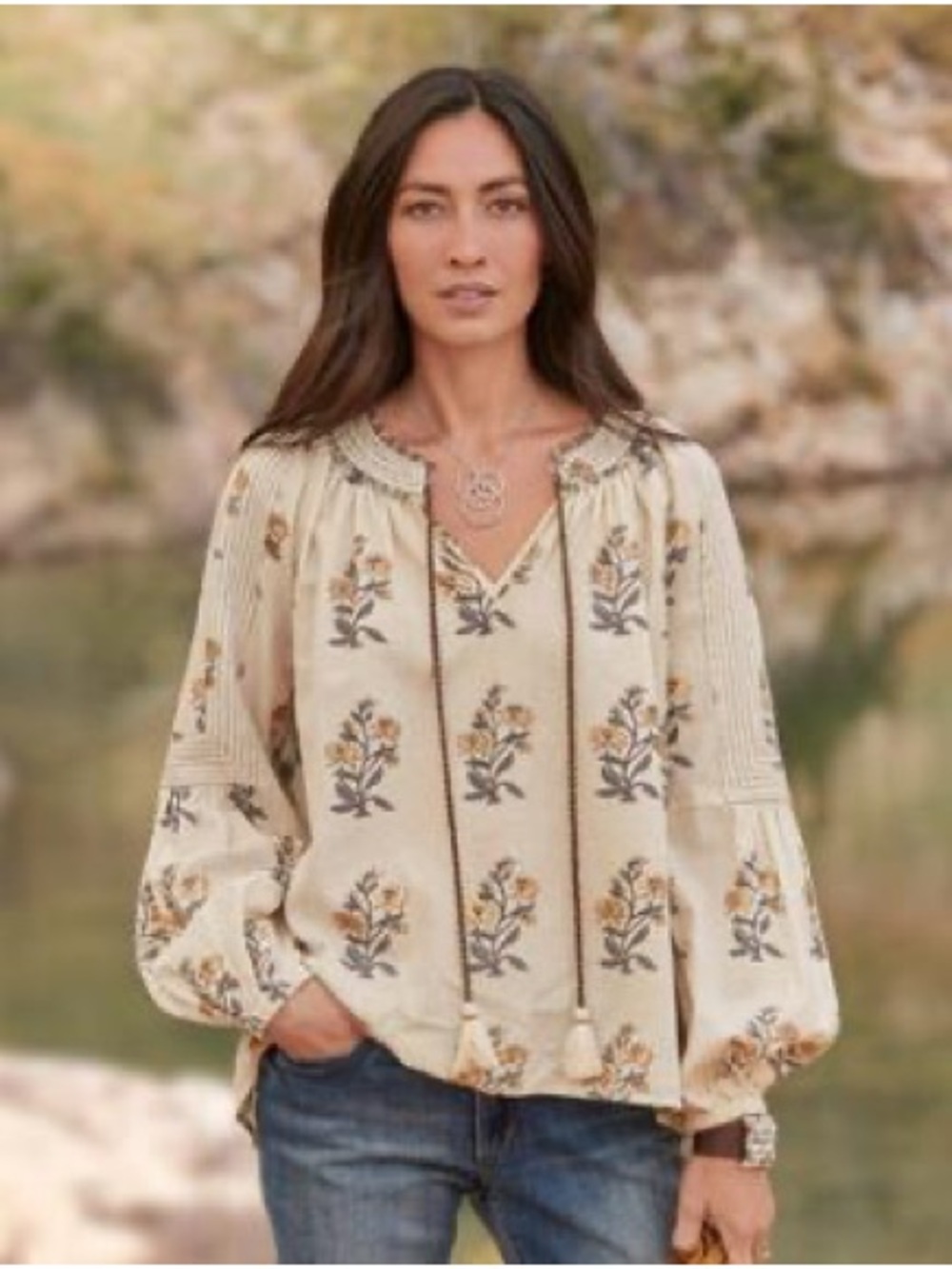 Sundance Boho Peasant Floral Top Cotton/Linen Blend Sz XS